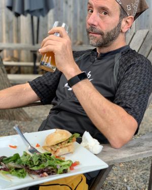 My vegan hubby enjoying his beer and bahn mi at Woodstock Brewing in Phoenicia