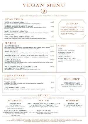 Full Vegan menu available including the £14.95 Set Menu for weekday lunch times and breakfast options too at Alberts Standish in Wigan