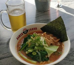 Spicy miso ramen & Zundo draft (house lager) at Ramen Zundo in Chatswood