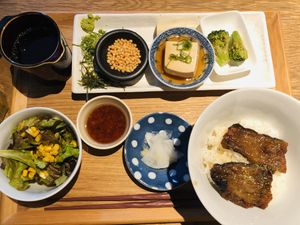 Japanese Vegan Breakfast (D set) - vegan eel bowl with Japanese tea soup ヴィーガン鰻のひつまぶし.  at Vegetable Dishes OKI @ IMU Hotel in Kyoto