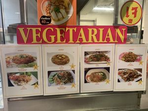 Menu, with “jay” marking at Vegetarian Food Stall - Jewelry Trade Center in Bangkok