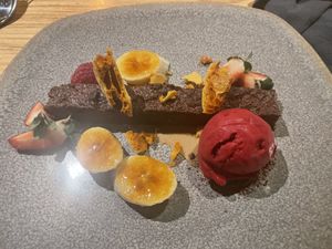 Vegan brownie with “honeycomb” made from golden syrup   at Bluestone in Launceston