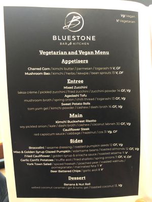 Menu at Bluestone in Launceston