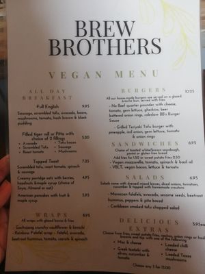 Vegan menu at Brew Brothers in Kendal