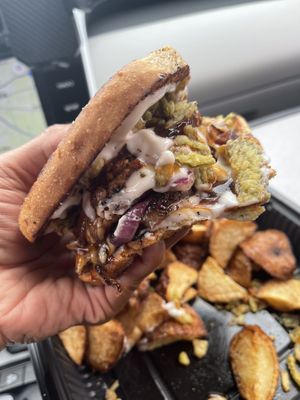 Jalapeno Burger Meal with Fried Red Potaotes (I added mayo)  at The Cul De Sac Kitchen in Indianapolis