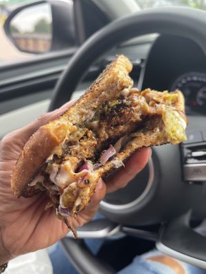 inside the Jalapeno Burger (made with walnut meat). Delicious   at The Cul De Sac Kitchen in Indianapolis