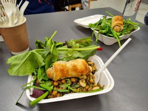 Salad and sausage roll at The Castle Cafe in North London