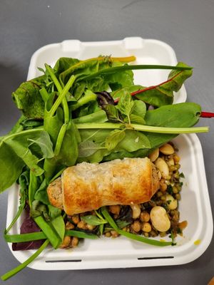 Salad selection with delicious sausage roll at The Castle Cafe in North London