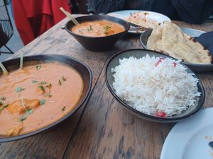 Butter masala curry (vegan) with rice and nan. at Namaste@OMNOM in North London