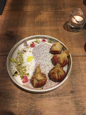 Beetroot wontons & coconut cream  at Namaste@OMNOM in North London