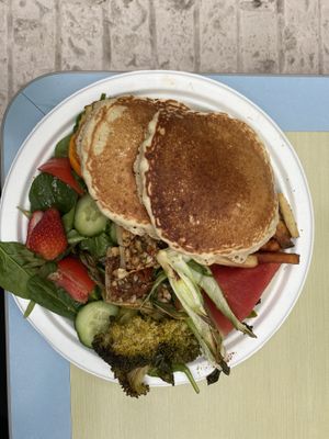 Vegan Supreme Breakfast (pancakes, tofu, roasted veggies, salad, garlic fries and fruit)   at Karine's in Toronto