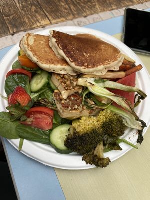 Vegan Supreme Breakfast (pancakes, tofu, roasted veggies, salad, garlic fries and fruit)   at Karine's in Toronto