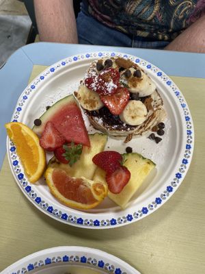 Pancakes with banana and berriess  at Karine's in Toronto