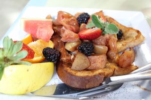 Vegan french toast topped with apple cinnamon at Karine's in Toronto