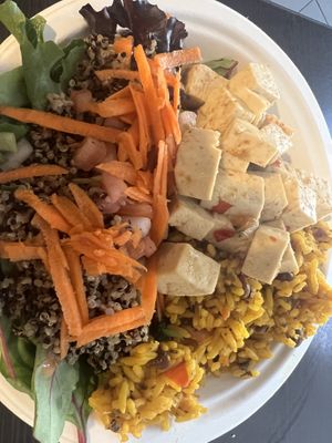 Tofu, arroz maposteao and quinoa salad  at Carotenos in Ponce