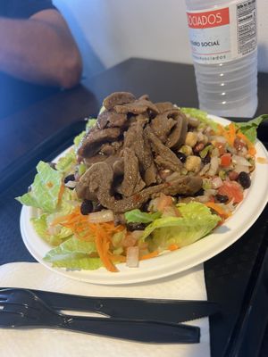 Vegan chicken, rustic salad (without exploited dairy cow secretions) & grain salad   at Carotenos in Ponce