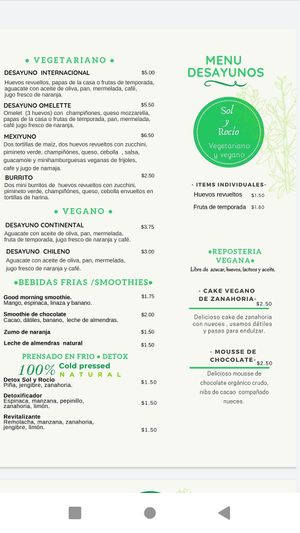 Menu at Sol y Rocio in Cuenca
