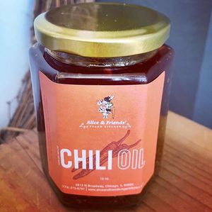 Chili Oil jar from our pantry. at Alice & Friends' Vegan Kitchen in Chicago