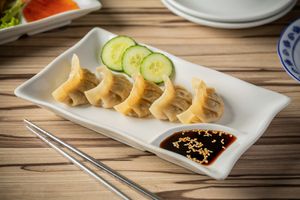 Pan fried or steamed dumplings.  at Alice & Friends' Vegan Kitchen in Chicago
