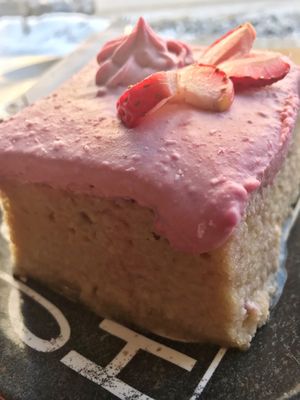 Pink Tres Leches cake. at Alice & Friends' Vegan Kitchen in Chicago