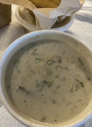 Delicious Corn Chowder comes with cornbread   at Alice & Friends' Vegan Kitchen in Chicago