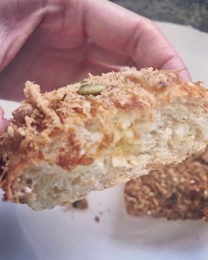 Soy floss bun cut in half at Alice & Friends' Vegan Kitchen in Chicago