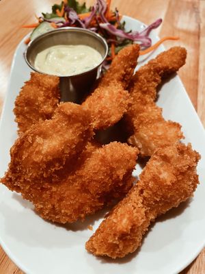 “BLISSFUL JOY” Nut-free. Can be soy-free without Tartar sauce.

Five crispy breaded vegan shrimp** served with house-made tartar sauce.  at Alice & Friends' Vegan Kitchen in Chicago