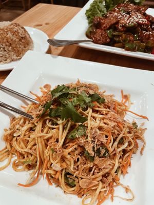 Burmese noodle salad + spicy b.b.q entrees  at Alice & Friends' Vegan Kitchen in Chicago