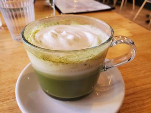 Matcha latte at Alice & Friends' Vegan Kitchen in Chicago