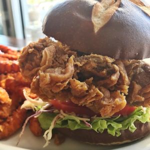 Kingwich with sweet potato fries at Alice & Friends' Vegan Kitchen in Chicago