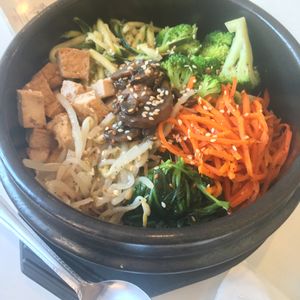 bibimbap- great selection of fresh and tasty veggies with tofu. rice was also super good and was all served in a traditional Korean stone bowl at Alice & Friends' Vegan Kitchen in Chicago