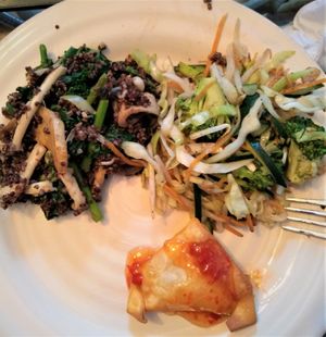 Starting from upper left (on my plate - I ordered from GrubHub)...Mushrooms Wonderland, Stir-Fry Veggies and Crab Rangoon - all delicious! at Alice & Friends' Vegan Kitchen in Chicago