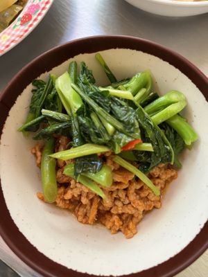 Some kind of minced mock meat and veg dishes   at Art Aharn Jay in Bangkok