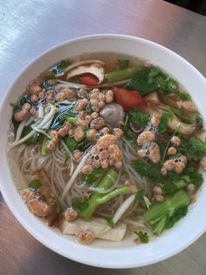 Noodle soup with veg and range of mock meats   at Art Aharn Jay in Bangkok