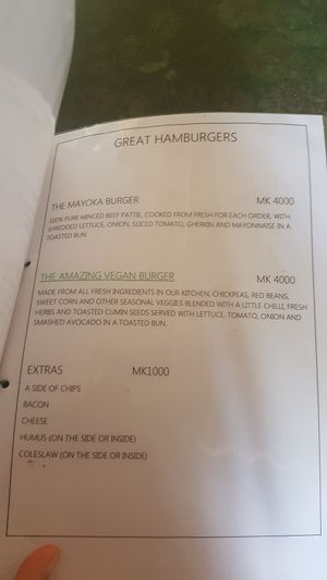 Menu at Mayoka Village in Nkhata Bay