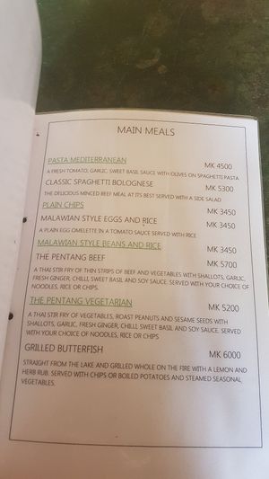 Menu at Mayoka Village in Nkhata Bay
