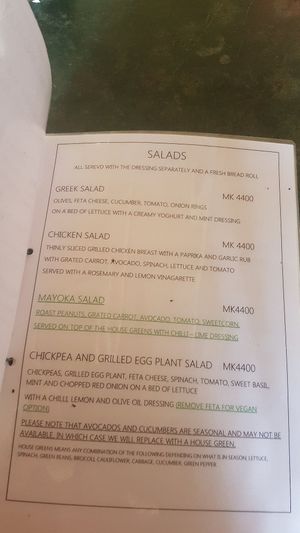 Menu at Mayoka Village in Nkhata Bay