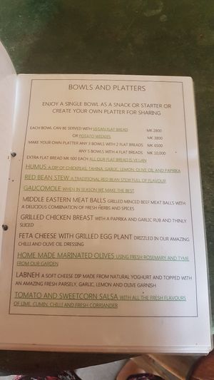 Menu at Mayoka Village in Nkhata Bay