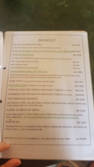 Menu at Mayoka Village in Nkhata Bay