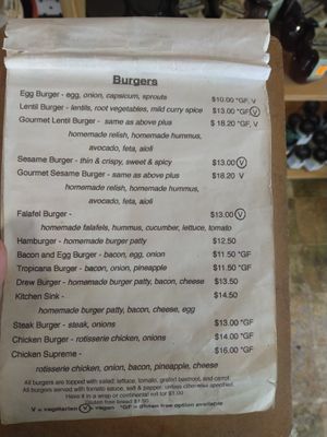 Burger menu - good options! at Yallingup General Store and Cafe in Yallingup