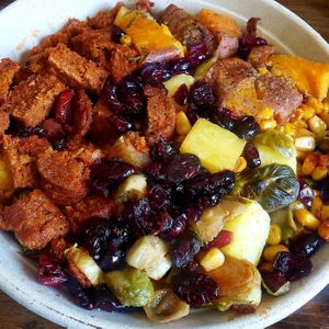 Create-your-own Bowl - Brown Rice quinoa, sweet potatoes, pineapple, dried cranberries, corn, honey roasted brussel sprouts, and vegan chorizo. at Brain Food in Brooklyn