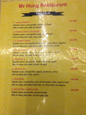 Pizza menu  at Al Forno  in Dong Van
