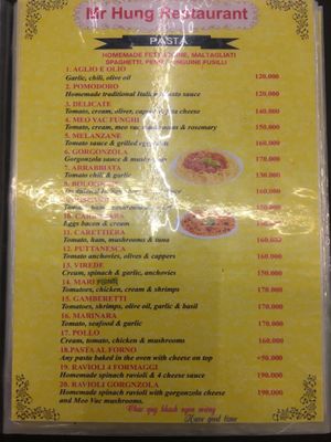 Pasta menu  at Al Forno  in Dong Van