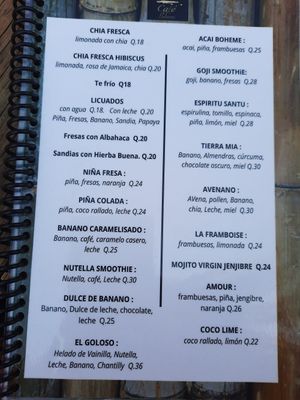 Menu at Cafe Bohème   in Antigua