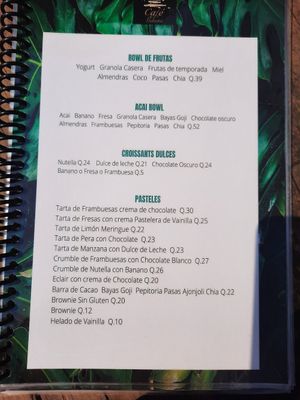 Menu at Cafe Bohème   in Antigua
