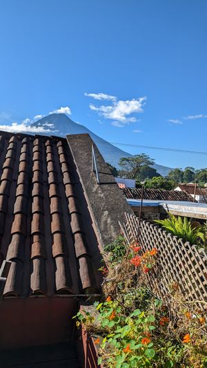 View of Agua volcano at Cafe Bohème   in Antigua