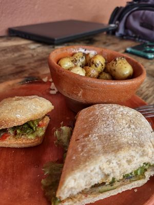 Sandwich de la abuela with naked potatoes at Cafe Bohème   in Antigua