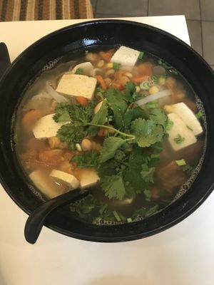 Miso soup with tofu and rice noodles at Mian in Vilnius