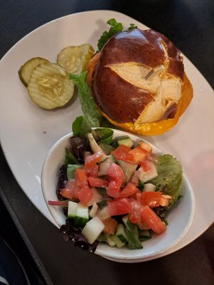 Vegan chicken pretzel sandwich at Mom's Kitchen & Bar in New York City
