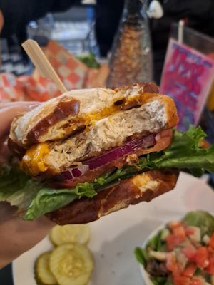 Vegan chicken pretzel sandwich at Mom's Kitchen & Bar in New York City